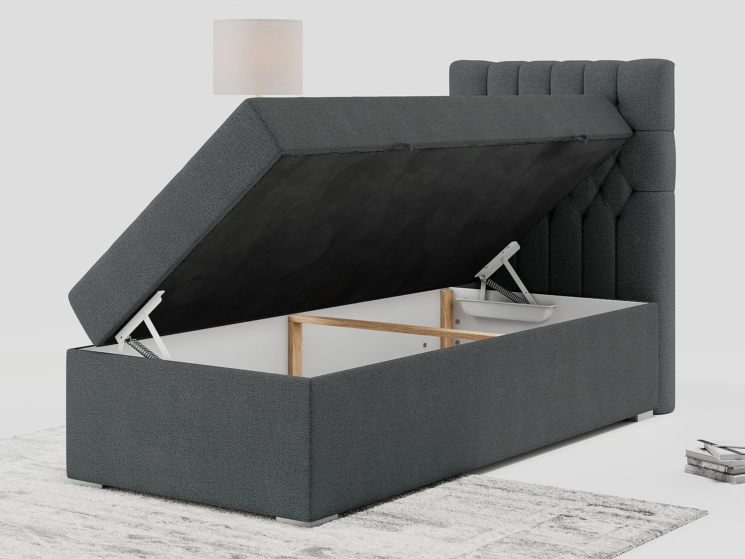 Boxspringbett PERA - Einzelbett mit Kopfstütze, Polsterbett, Multipocket-Matratze, genähtes Kopfteil - 90x200 cm - H3 - Dunkelgrau Strukture - Rechts Seite