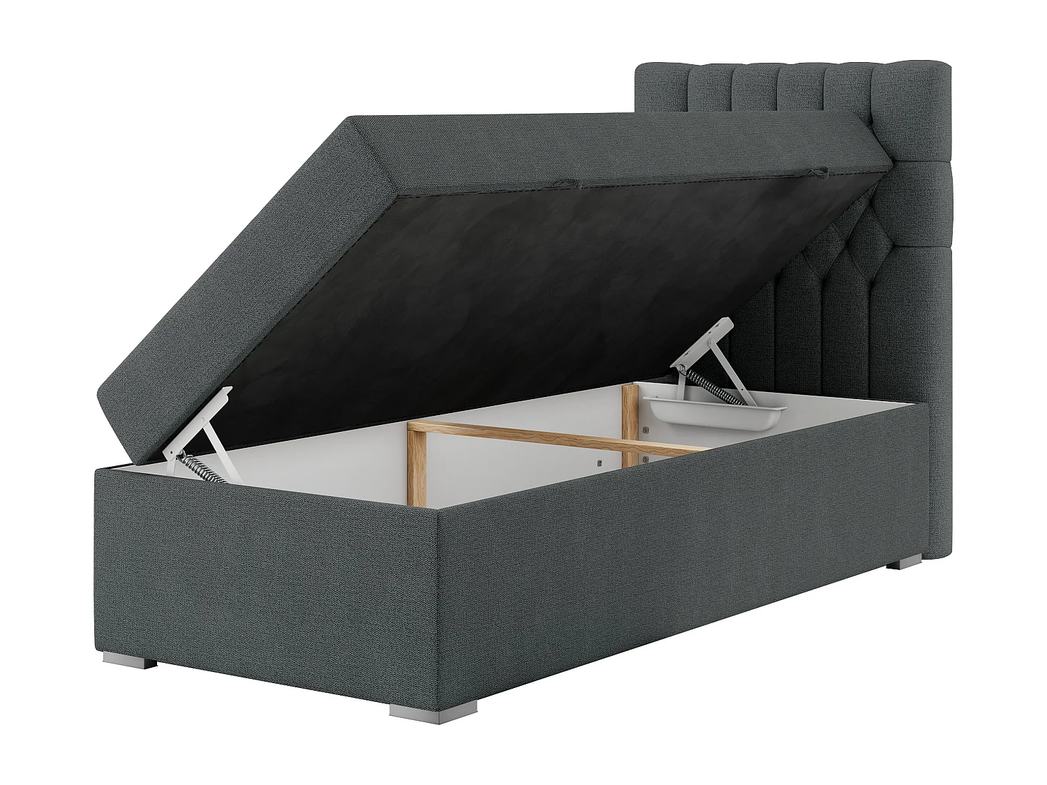 Boxspringbett PERA - Einzelbett mit Kopfstütze, Polsterbett, Multipocket-Matratze, genähtes Kopfteil - 90x200 cm - H3 - Dunkelgrau Strukture - Rechts Seite