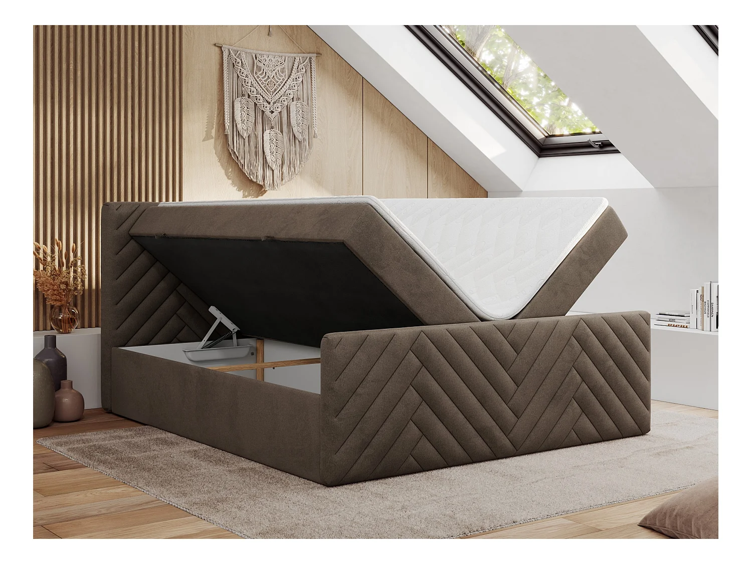 Boxspringbett PARIS DUO - Polsterbett mit genähtem Kopfteil und Frontplatte, Doppelbett, zwei Bettkästen - 180x200 cm - H4 - Braun Velvet