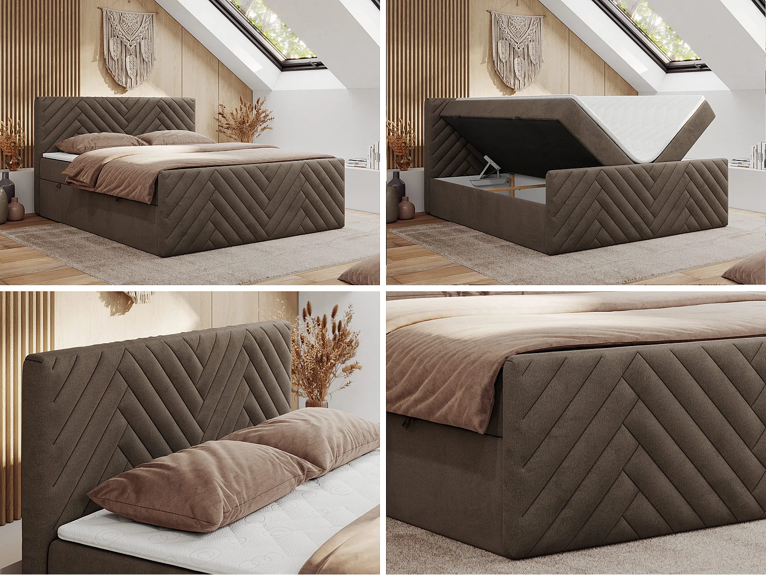 Boxspringbett PARIS DUO - Polsterbett mit genähtem Kopfteil und Frontplatte, Doppelbett, zwei Bettkästen - 180x200 cm - H4 - Braun Velvet