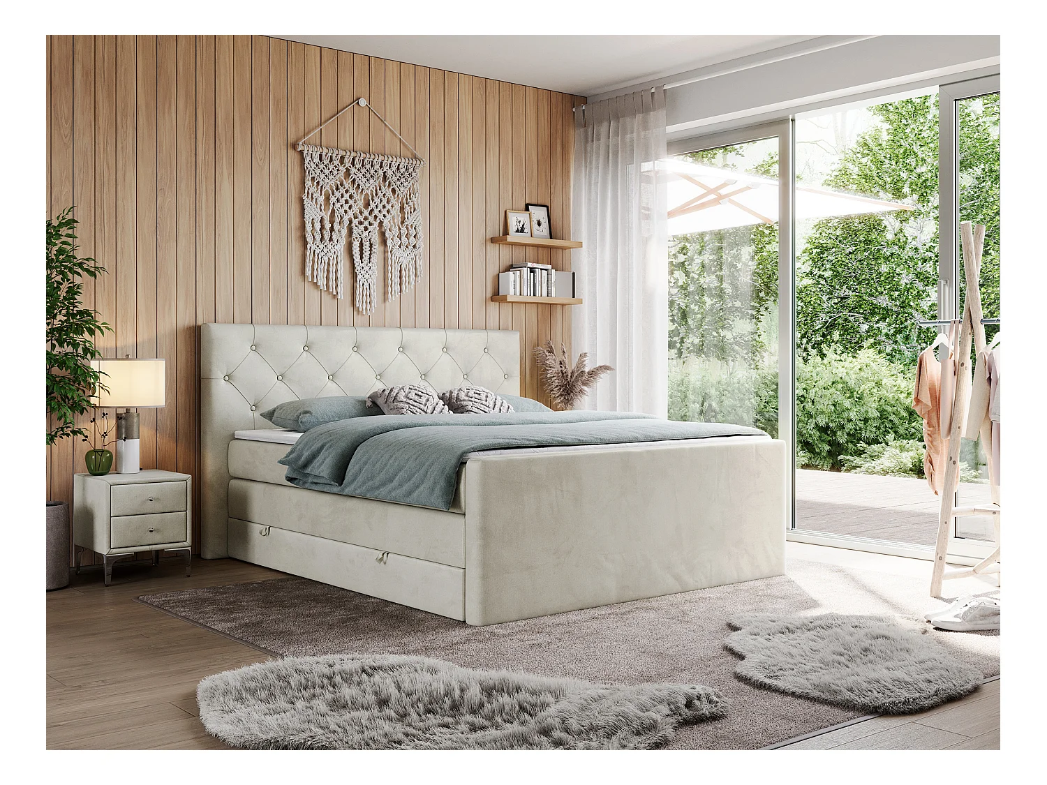 Boxspringbett VELEN KING - Doppelbett mit gestepptem Kopfteil, zwei Multipocket-Matratzen, Polsterbett mit Kopfstütze - 200x200 cm - H3 - Beige Velvet