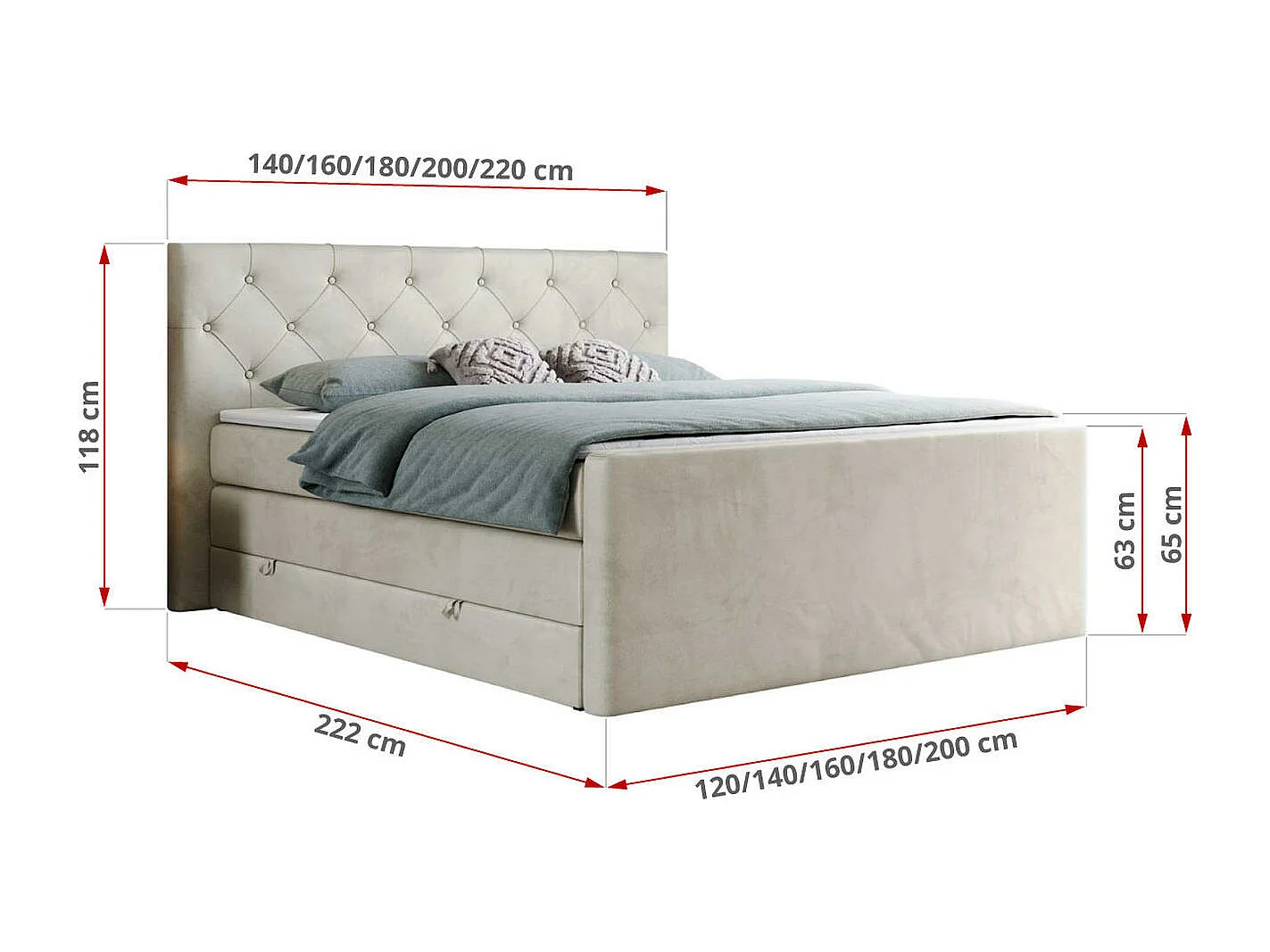 Boxspringbett VELEN KING - Doppelbett mit gestepptem Kopfteil, zwei Multipocket-Matratzen, Polsterbett mit Kopfstütze - 200x200 cm - H3 - Beige Velvet