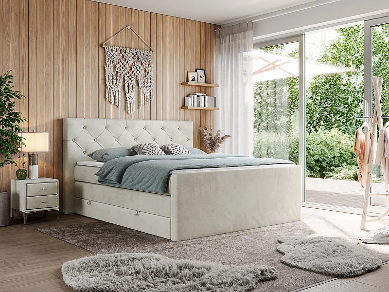 Boxspringbett VELEN KING - Doppelbett mit gestepptem Kopfteil, zwei Multipocket-Matratzen, Polsterbett mit Kopfstütze - 200x200 cm - H3 - Beige Velvet
