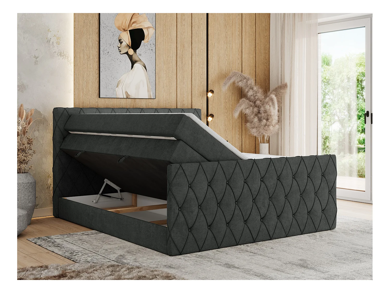 Boxspringbett MIREN KING DUO - für Schlafzimmer mit zwei Multipocket-Matratzen und Topper, gestepptes Kopfteil und Front  - 200x200 cm - H3 - Dunkelgrau Strukture