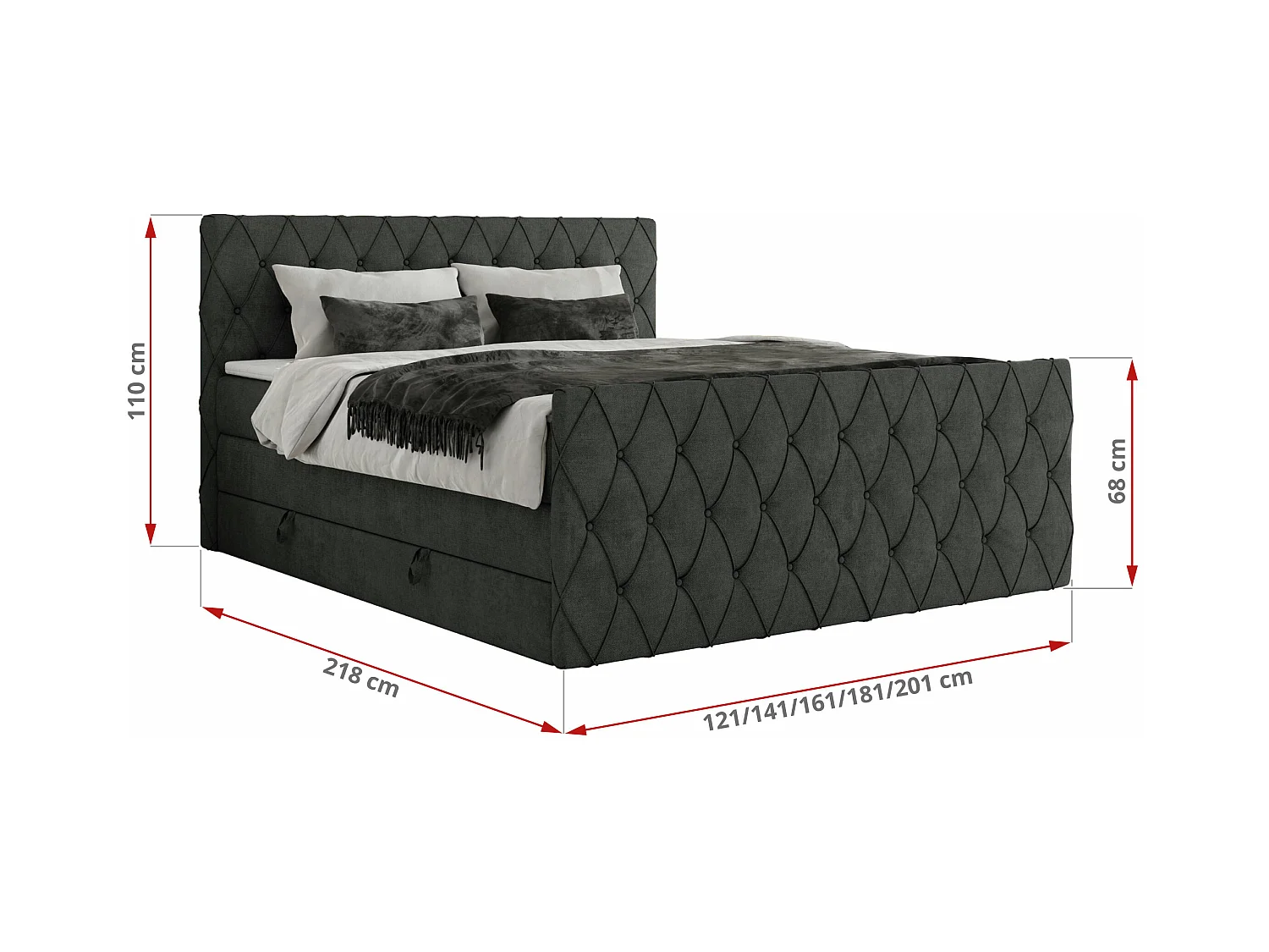 Boxspringbett MIREN KING DUO - für Schlafzimmer mit zwei Multipocket-Matratzen und Topper, gestepptes Kopfteil und Front  - 200x200 cm - H3 - Dunkelgrau Strukture