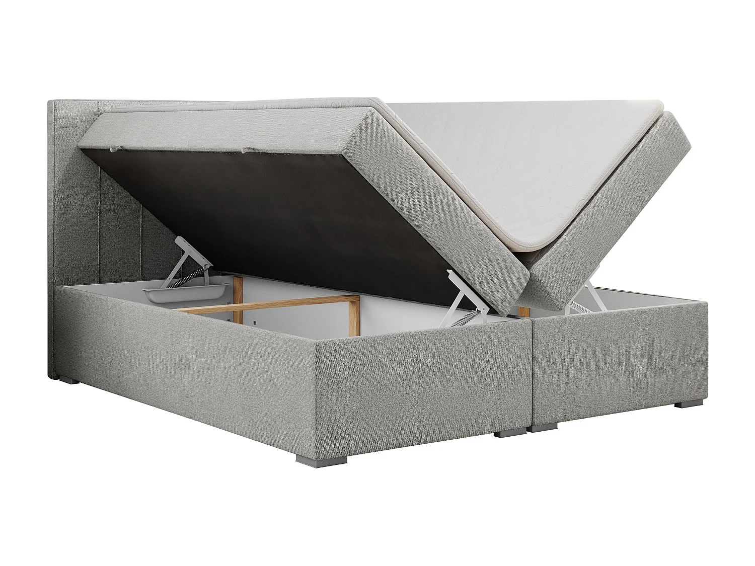 Boxspringbett ALLY - gestreiftes, genähtes Kopfteil, zwei Bettkästen, Multipocket-Matratzen, Praktisch Polsterbett - 160x200 cm - H4 - Hellgrau Strukture