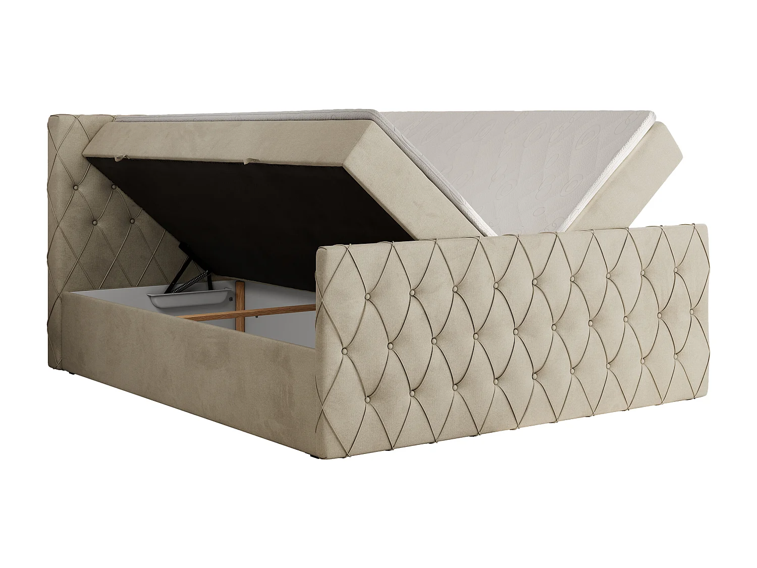 Boxspringbett MIREN DUO - mit gestepptem Kopfteil und Front, Multipocket-Matratze, zwei Bettkästen - 180x200 cm - H3 - Beige Velvet