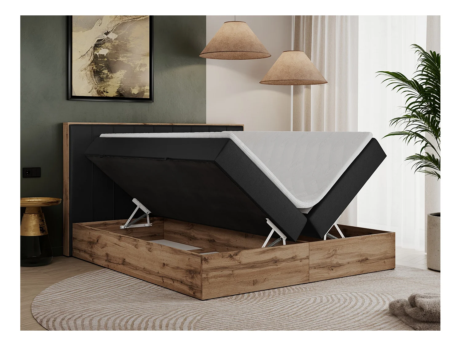 Boxspringbett BELLISSIMO - mit gestepptem Kopfteil, Polsterbett mit zwei Bettkästen, Multipocket-Matratze - 200x200 cm - H4 - Schwarz Kunstleder