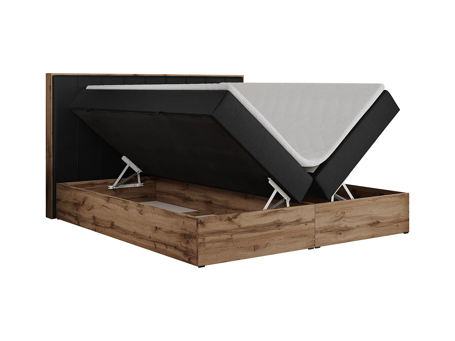 Boxspringbett BELLISSIMO - mit gestepptem Kopfteil, Polsterbett mit zwei Bettkästen, Multipocket-Matratze - 200x200 cm - H4 - Schwarz Kunstleder