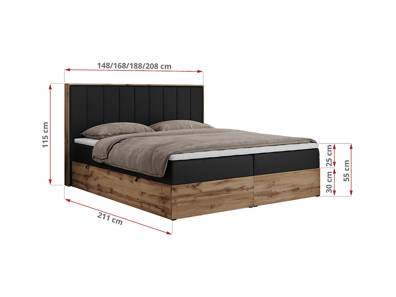 Boxspringbett BELLISSIMO - mit gestepptem Kopfteil, Polsterbett mit zwei Bettkästen, Multipocket-Matratze - 200x200 cm - H4 - Schwarz Kunstleder