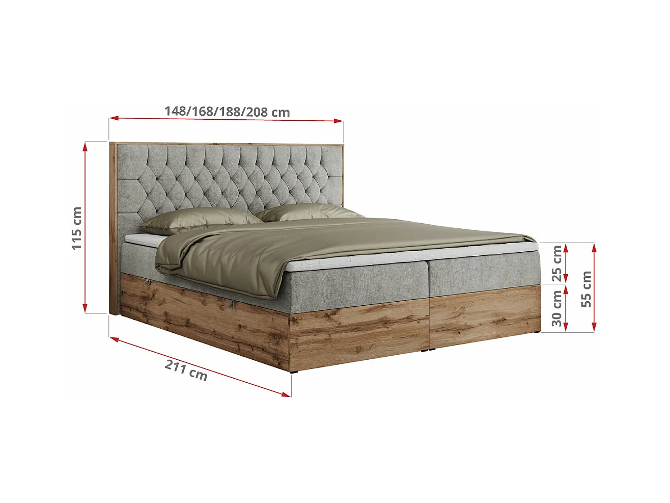 Boxspringbett AMORE - Bett mit Multipocket-Matratze, gesteppte Kopfstütze, Doppelbett für Schlafzimmer - 140x200 cm - H4 - Hellgrau Strukture