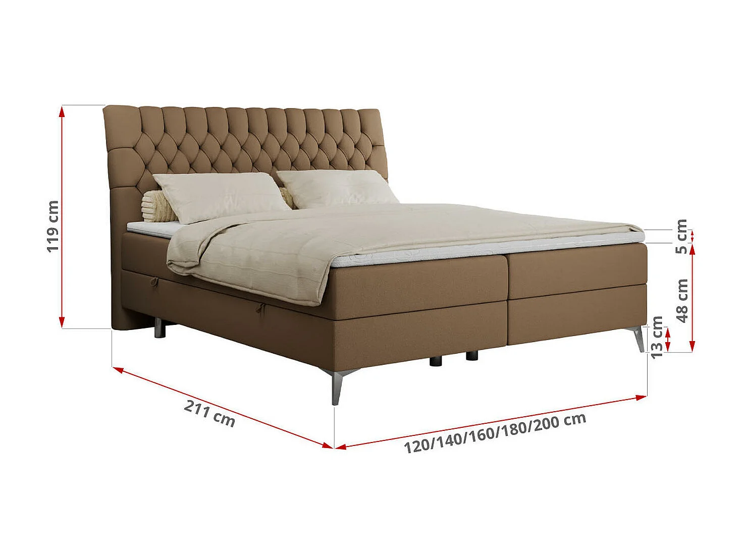Boxspringbett MILEN - gepolstertes Schlafzimmerbett, zwei Multipocket-Matratze, dekorative hohe Beine - 180x200 cm - H3 - Braun Kunstleder