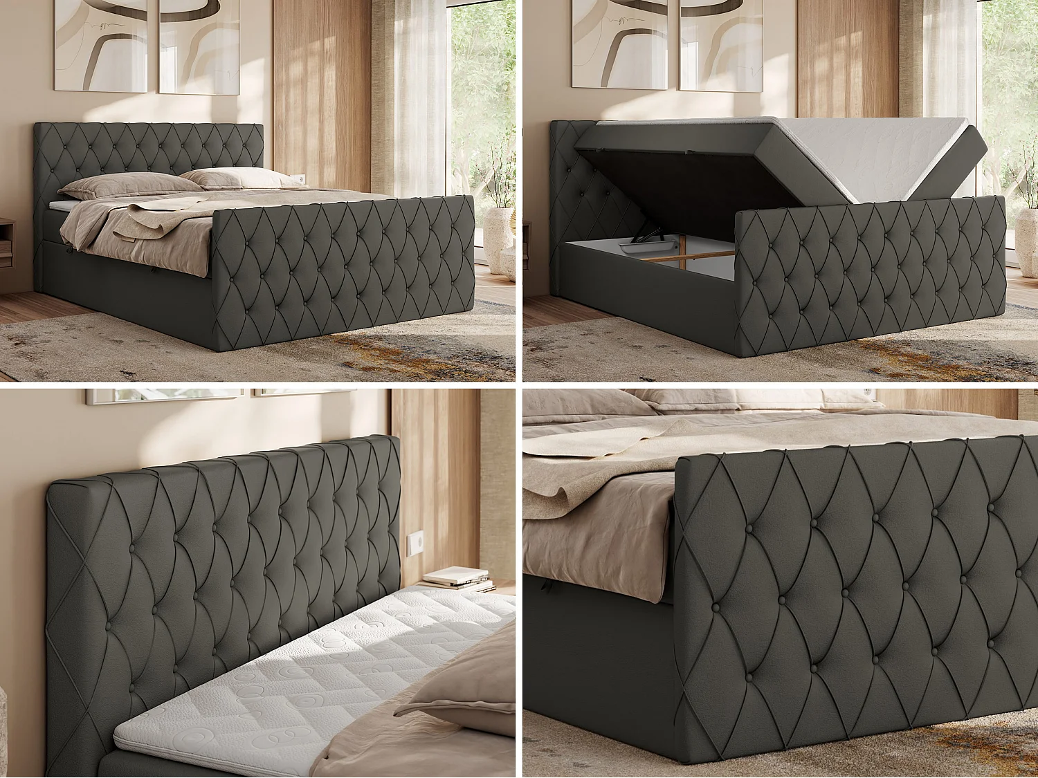 Boxspringbett MIREN DUO - mit gestepptem Kopfteil und Front, Multipocket-Matratze, zwei Bettkästen - 120x200 cm - H3 - Grau Kunstleder