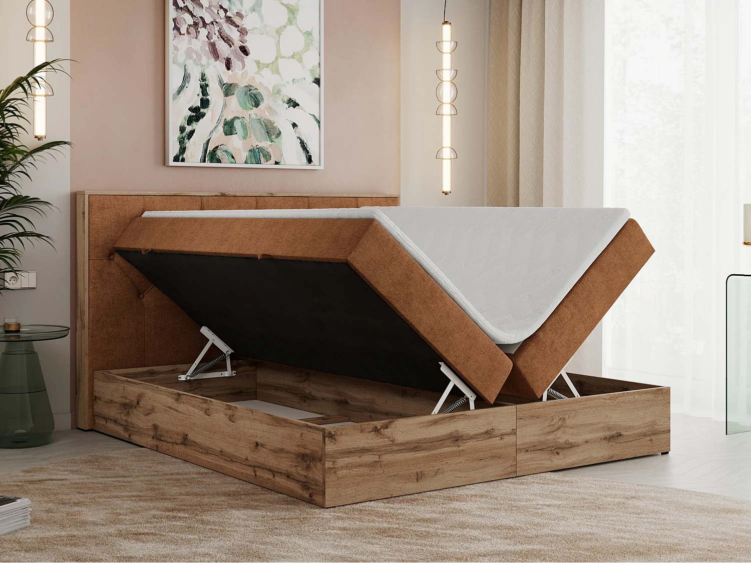 Boxspringbett VENETO - gestepptem Kopfteil, Set mit Multipocket-Matratze und Topper, Holzrahmen, zwei Bettkästen - 180x200 cm - H3 - Orange Strukture