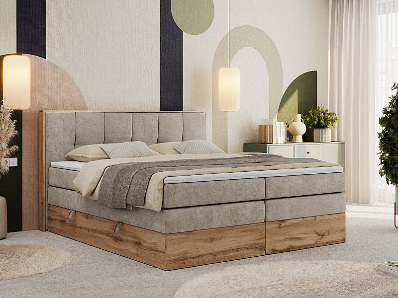 Boxspringbett ALBERO 1 KING - zwei 7 Härtezonen Multipocket-Matratzen, Doppelbett mit Stauraum, Eiche Wotan Holzrahmen - 200x200 cm - H3 - Beige Strukture