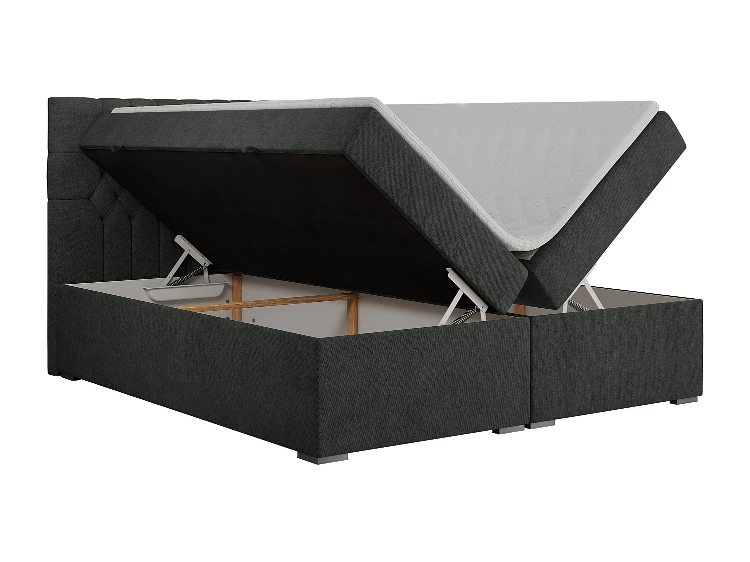 Boxspringbett PERA - gesteppte Kopfstütze, Multipocket-Matratze und Topper, Doppelbett mit Stauraum - 120x200 cm - H3 - Dunkelgrau Strukture