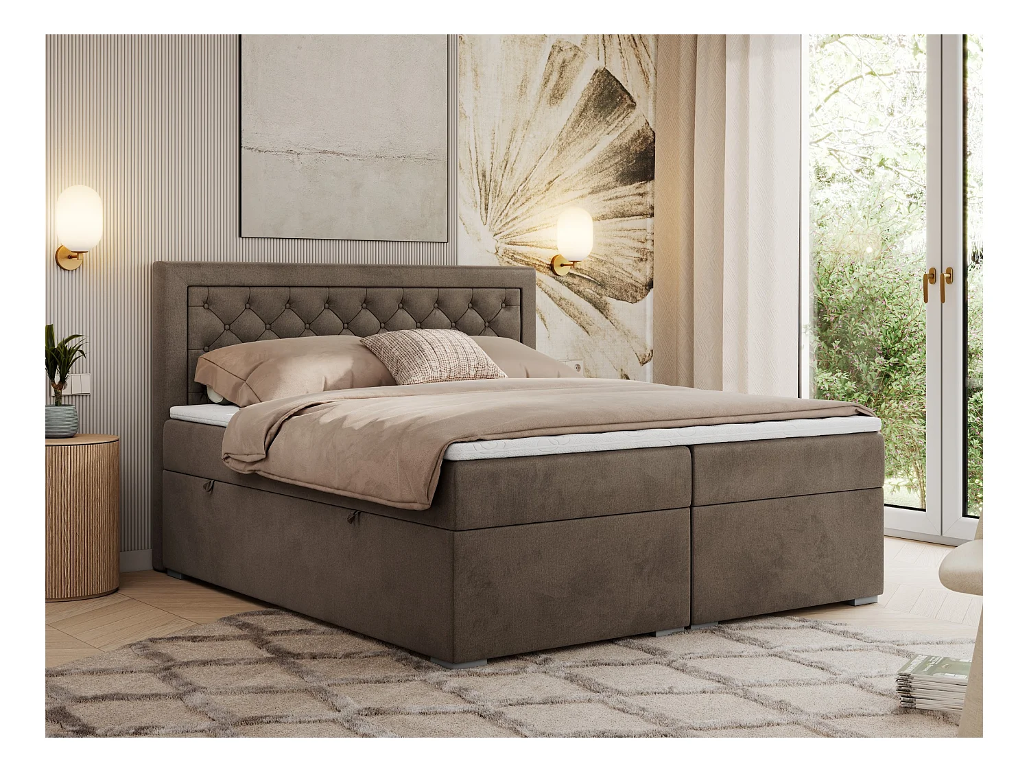 Boxspringbett JASIR - mit gestepptem Kopfteil, Doppelbett für Schlafzimmer, Multipocket-Matratze, Stauraum - 200x200 cm - H3 - Braun Velvet