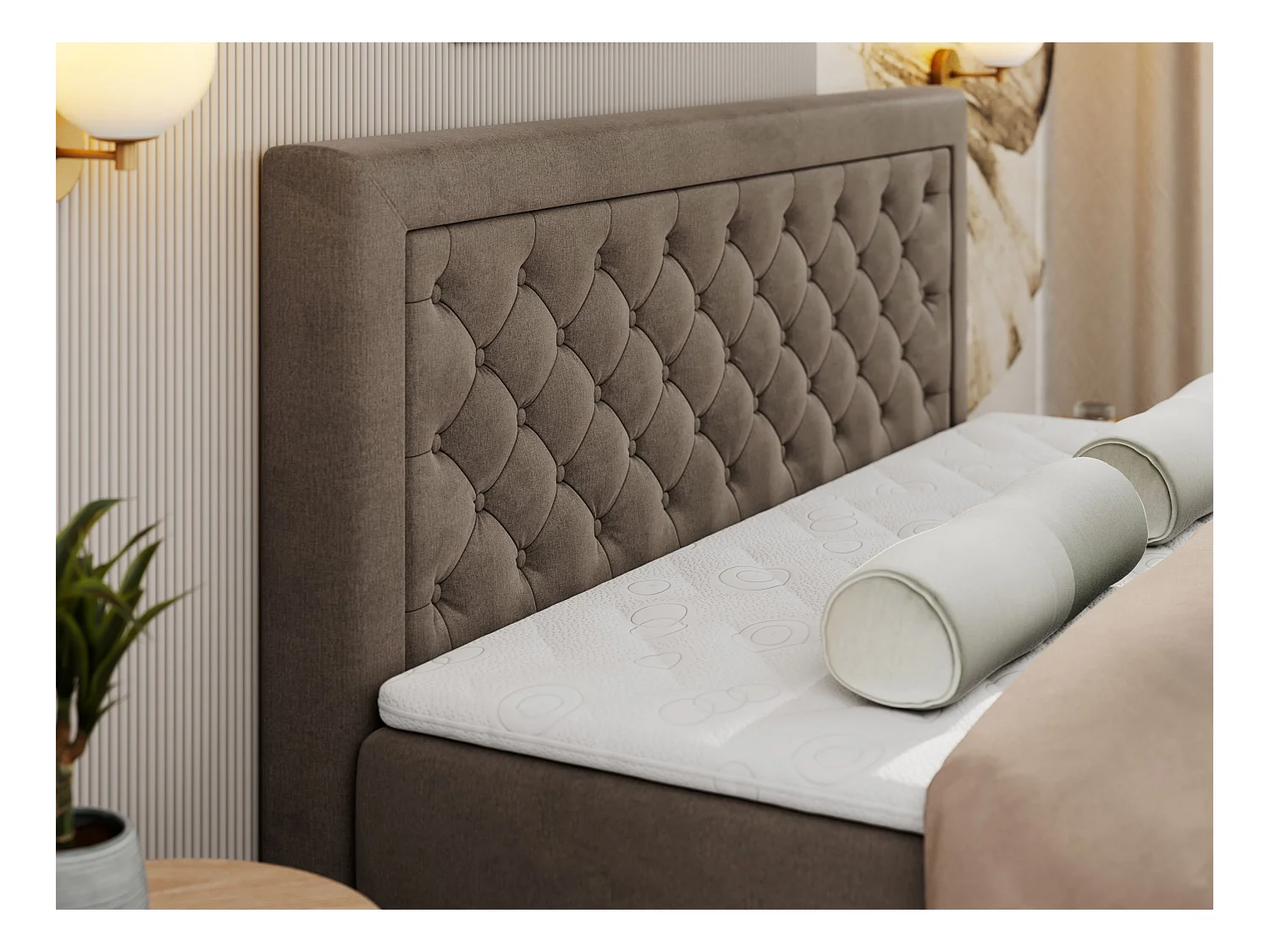 Boxspringbett JASIR - mit gestepptem Kopfteil, Doppelbett für Schlafzimmer, Multipocket-Matratze, Stauraum - 200x200 cm - H3 - Braun Velvet