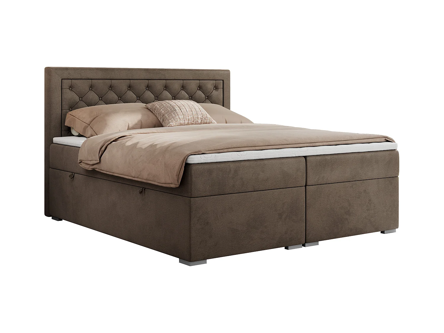 Boxspringbett JASIR - mit gestepptem Kopfteil, Doppelbett für Schlafzimmer, Multipocket-Matratze, Stauraum - 200x200 cm - H3 - Braun Velvet