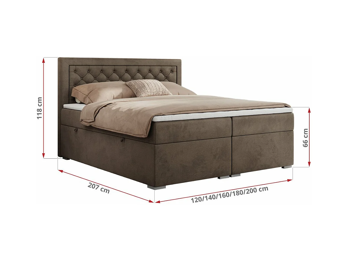 Boxspringbett JASIR - mit gestepptem Kopfteil, Doppelbett für Schlafzimmer, Multipocket-Matratze, Stauraum - 200x200 cm - H3 - Braun Velvet