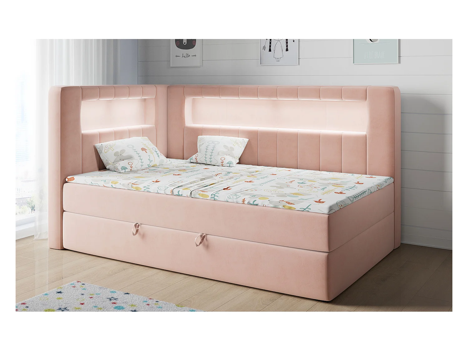 Kinderbett JUNIOR GOLD 3 - Einzelbett mit Matratze, LED-Beleuchtung, Bettkasten - 90x200 cm - Links Seite