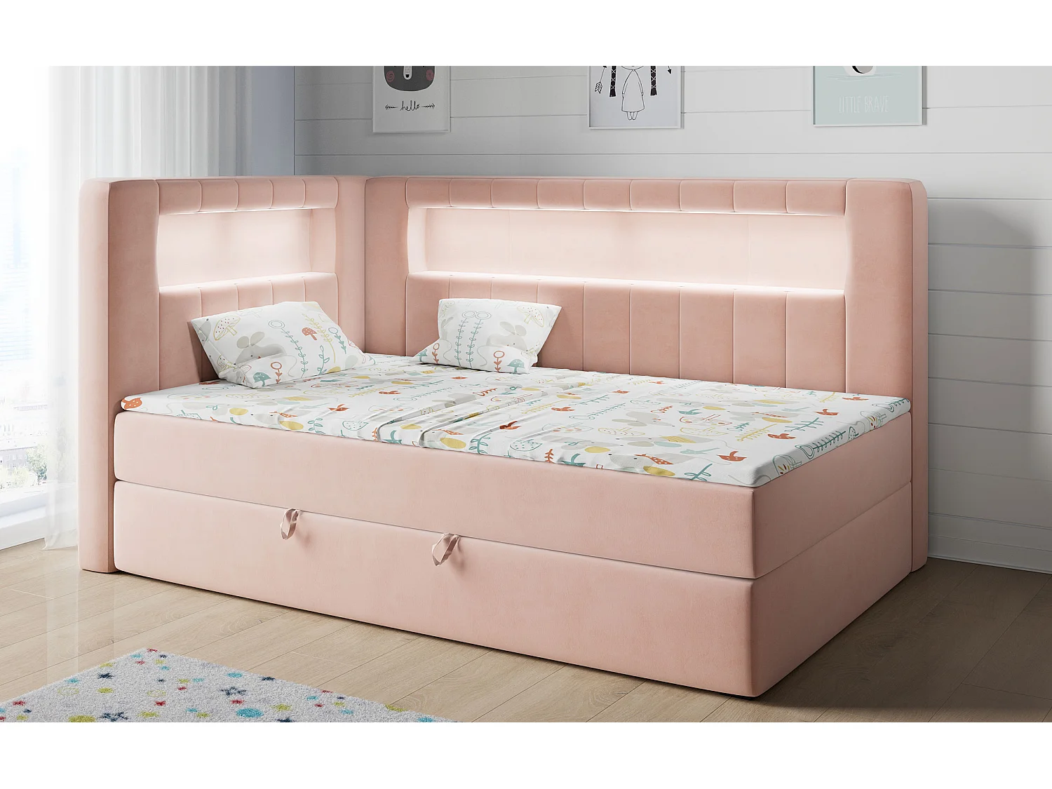 Kinderbett JUNIOR GOLD 3 - Einzelbett mit Matratze, LED-Beleuchtung, Bettkasten - 90x200 cm - Links Seite