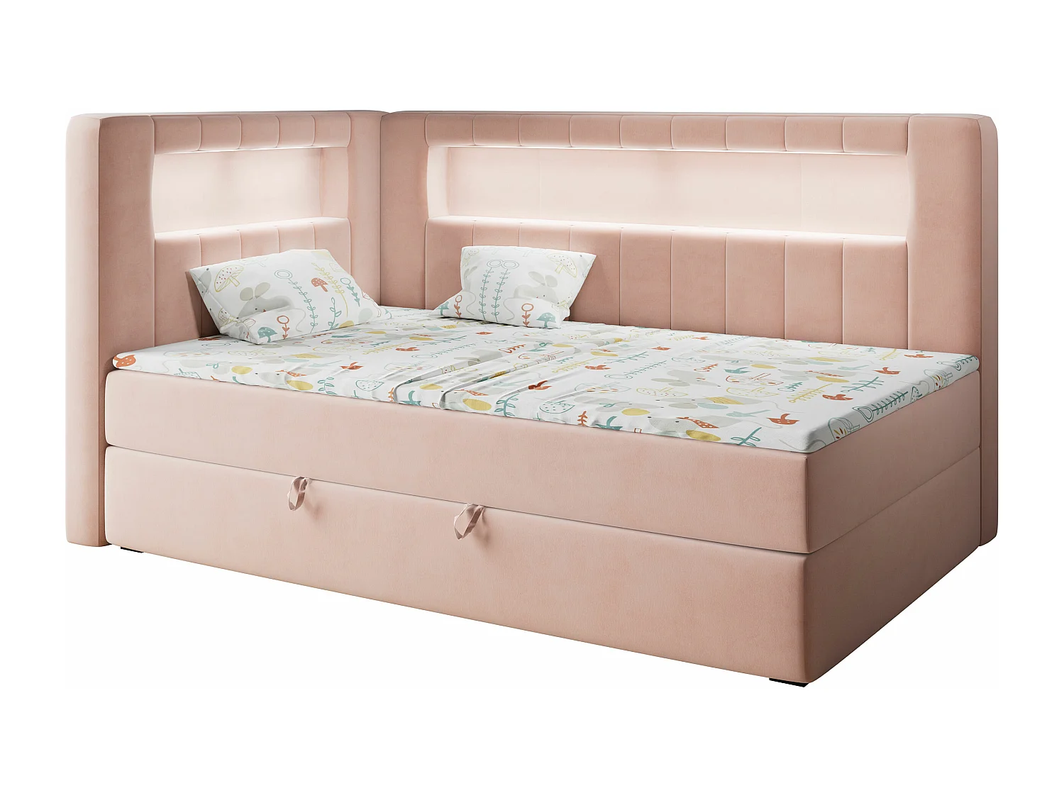 Kinderbett JUNIOR GOLD 3 - Einzelbett mit Matratze, LED-Beleuchtung, Bettkasten - 90x200 cm - Links Seite