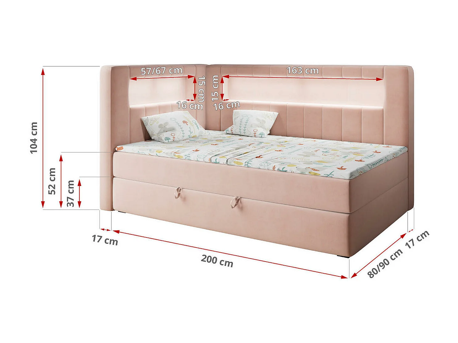 Kinderbett JUNIOR GOLD 3 - Einzelbett mit Matratze, LED-Beleuchtung, Bettkasten - 90x200 cm - Links Seite