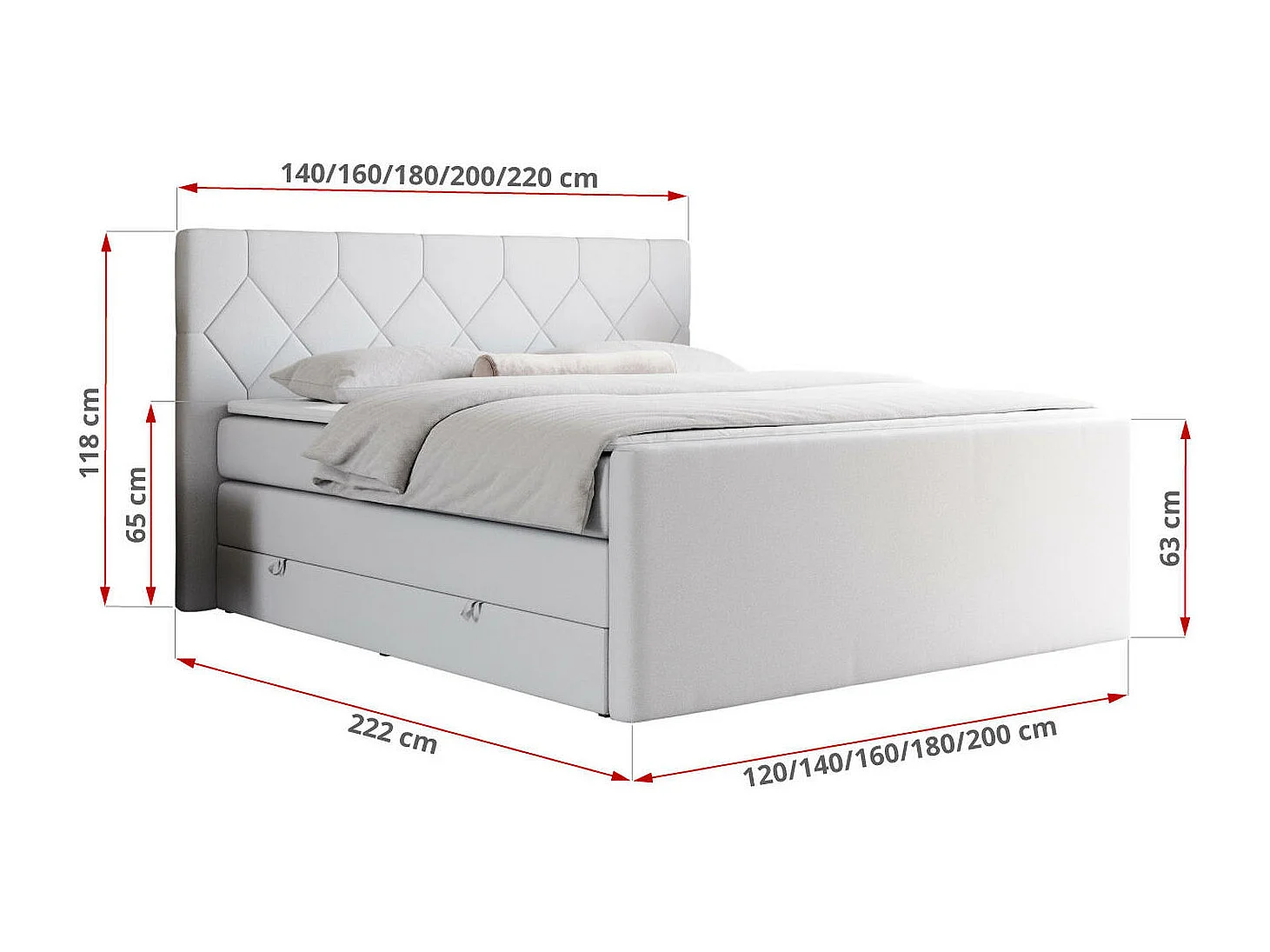Boxspringbett EIGAR KING - Doppelbett mit genähtem Kopfteil, zwei Multipocket-Matratzen, Polsterbett für Schlafzimmer - 140x200 cm - H4 - Weiß Kunstleder