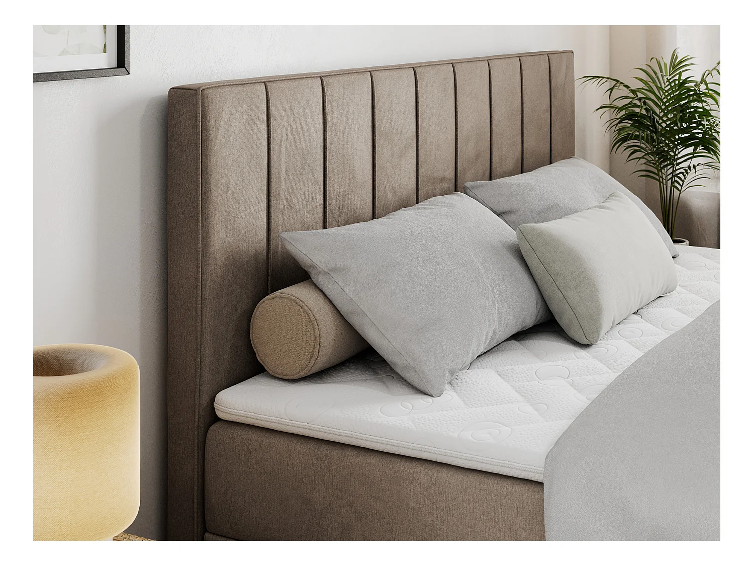 Boxspringbett ALLY - gestreiftes, genähtes Kopfteil, zwei Bettkästen, Multipocket-Matratzen, Praktisch Polsterbett - 160x200 cm - H4 - Braun Velvet