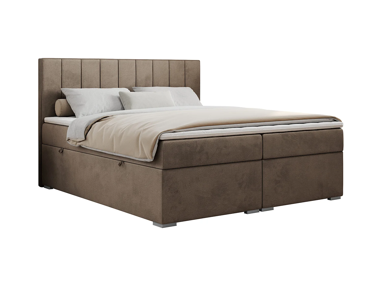 Boxspringbett ALLY - gestreiftes, genähtes Kopfteil, zwei Bettkästen, Multipocket-Matratzen, Praktisch Polsterbett - 160x200 cm - H4 - Braun Velvet