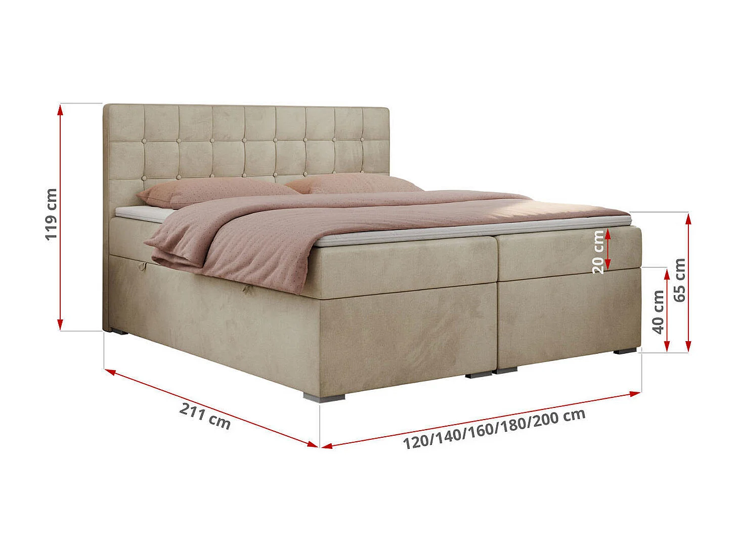 Boxspringbett CARMEN - Polsterbett mit zwei Bettkästen, gesteppte Kopfstütze, Multipocket-Matratze - 140x200 cm - H3 - Beige Velvet