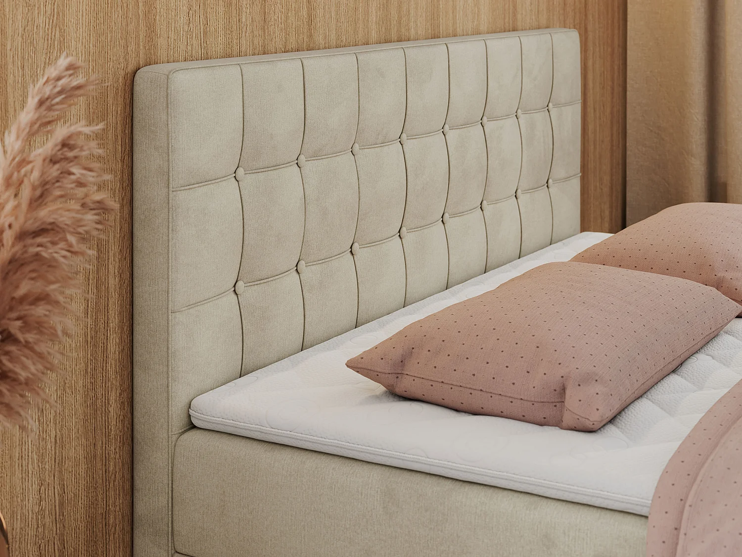 Boxspringbett CARMEN - Polsterbett mit zwei Bettkästen, gesteppte Kopfstütze, Multipocket-Matratze - 140x200 cm - H3 - Beige Velvet