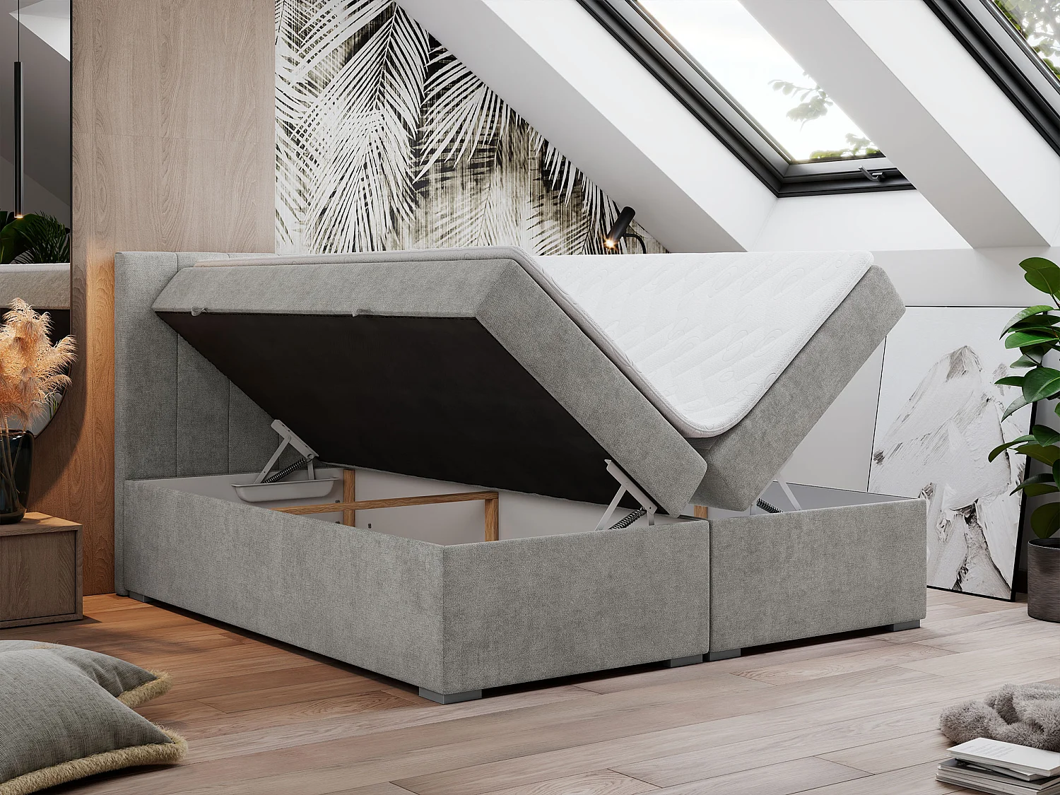 Boxspringbett LOPE - genähtes Kopfteil, Doppelbett mit Stauraum, Multipocket-Matratze, Topper - 200x200 cm - H3 - Hellgrau Strukture