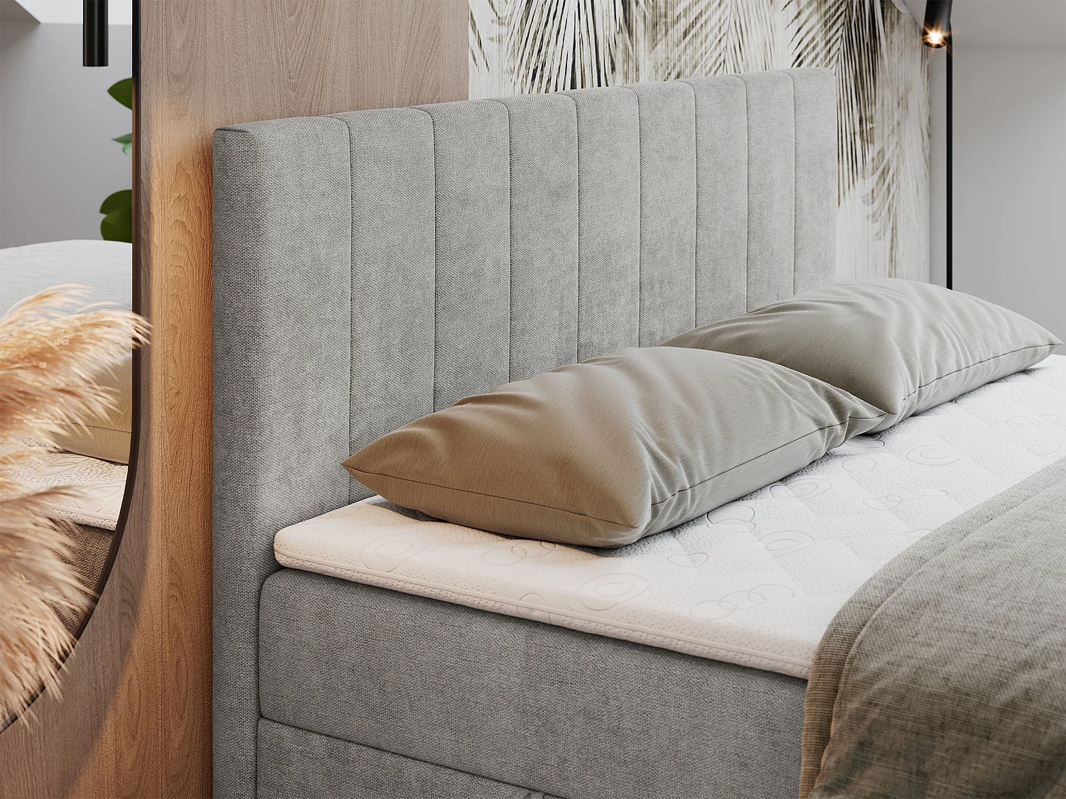 Boxspringbett LOPE - genähtes Kopfteil, Doppelbett mit Stauraum, Multipocket-Matratze, Topper - 200x200 cm - H3 - Hellgrau Strukture