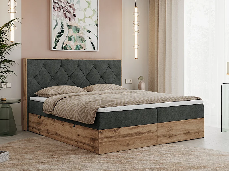 Boxspringbett VENETO - gestepptem Kopfteil, Set mit Multipocket-Matratze und Topper, Holzrahmen, zwei Bettkästen - 160x200 cm - H4 - Dunkelgrau Strukture