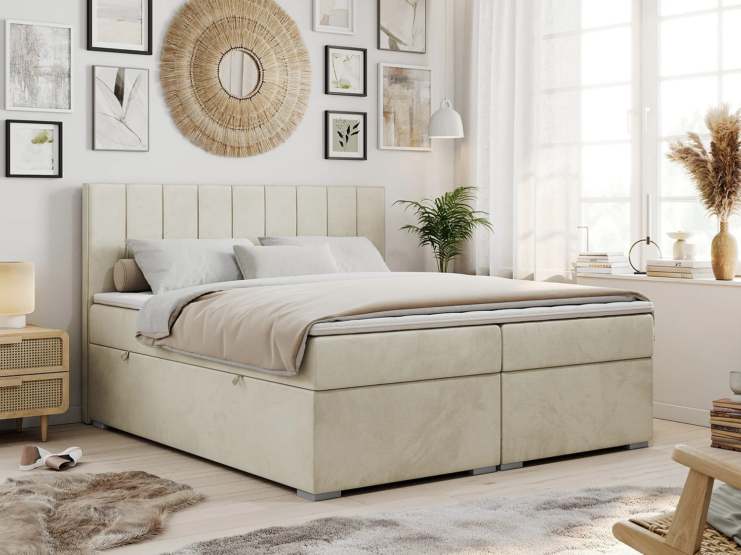 Boxspringbett ALLY - gestreiftes, genähtes Kopfteil, zwei Bettkästen, Multipocket-Matratzen, Praktisch Polsterbett - 140x200 cm - H4 - Beige Velvet