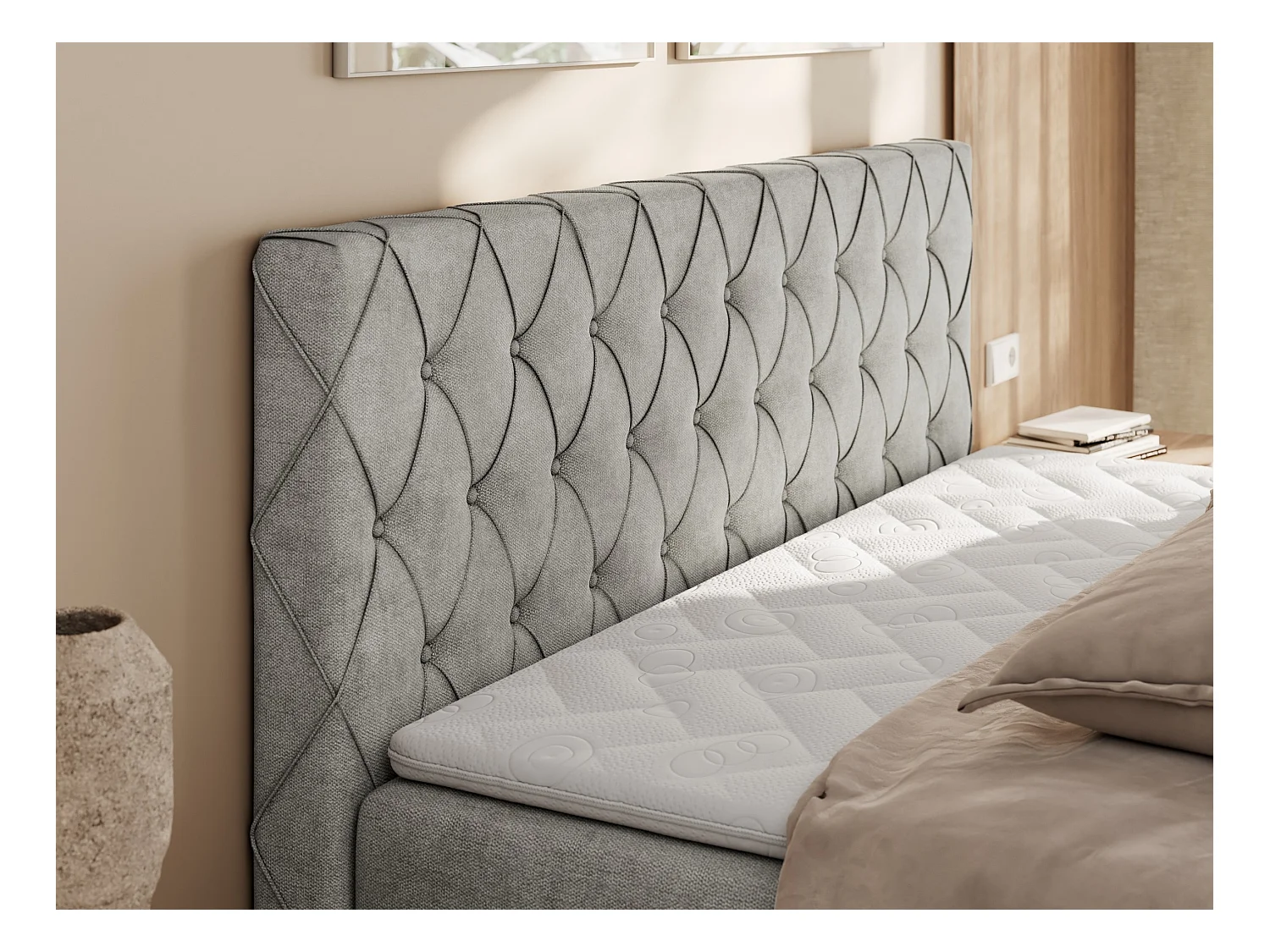 Boxspringbett MIREN DUO - mit gestepptem Kopfteil und Front, Multipocket-Matratze, zwei Bettkästen - 160x200 cm - H3 - Hellgrau Strukture