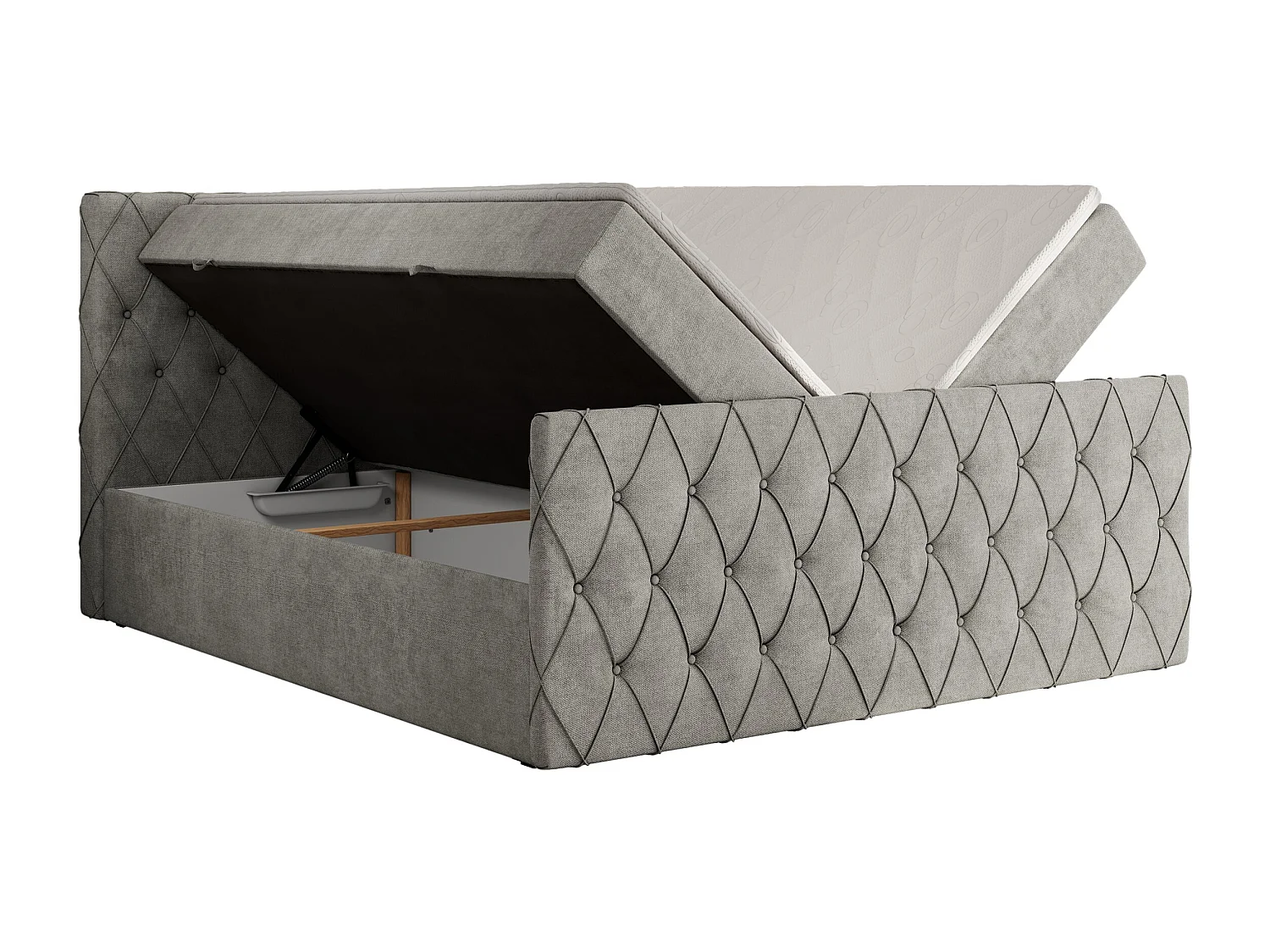 Boxspringbett MIREN DUO - mit gestepptem Kopfteil und Front, Multipocket-Matratze, zwei Bettkästen - 160x200 cm - H3 - Hellgrau Strukture