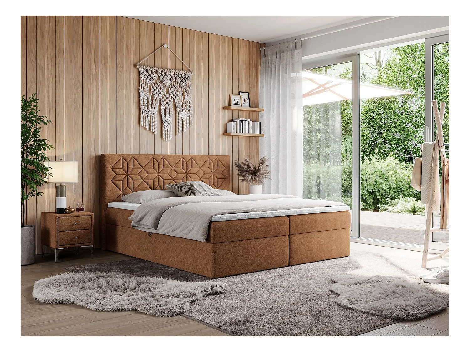 Boxspringbett LEILA - gestepptes Kopfteil,  7 Härtezonen Multipocket-Matratzen, Doppelbett mit Bettkästen - 120x200 cm - H3 - Orange Strukture
