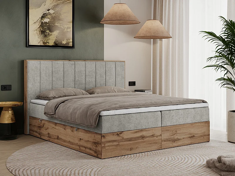 Boxspringbett BELLISSIMO - mit gestepptem Kopfteil, Polsterbett mit zwei Bettkästen, Multipocket-Matratze - 180x200 cm - H4 - Hellgrau Strukture