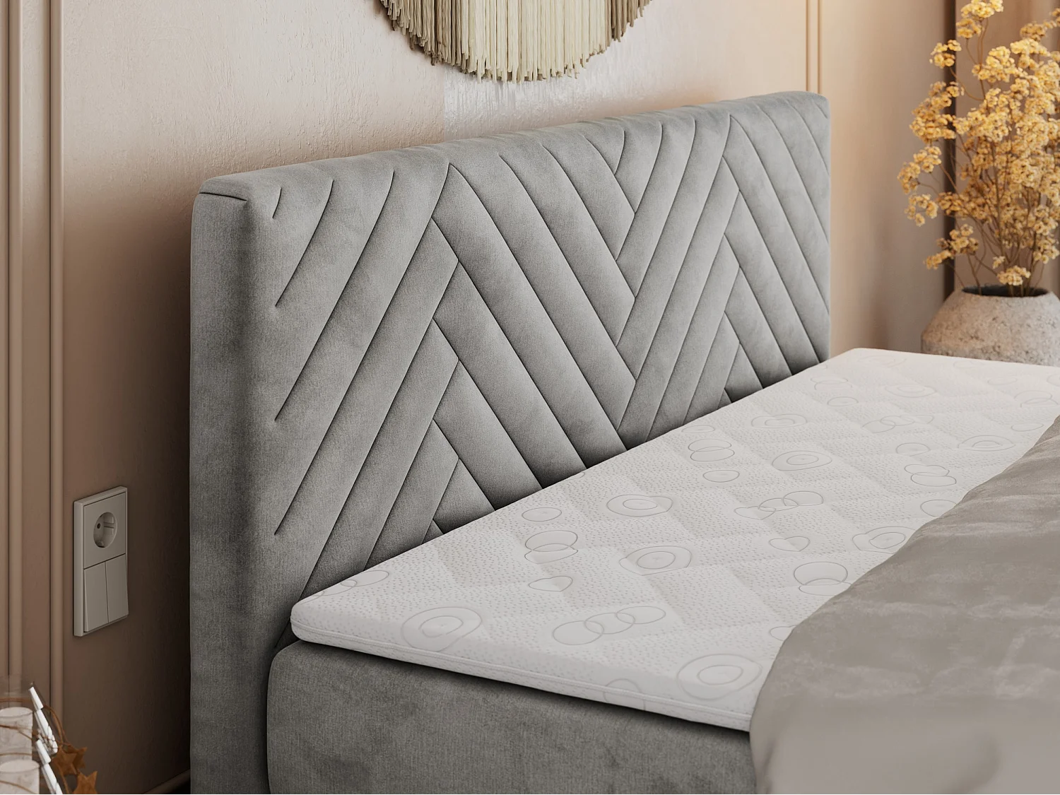 Boxspringbett PARIS KING DUO - dekorative Kopfstütze und Front, zwei Multipocket-Matratze mit Topper - 200x200 cm - H4 - Hellgrau Velvet