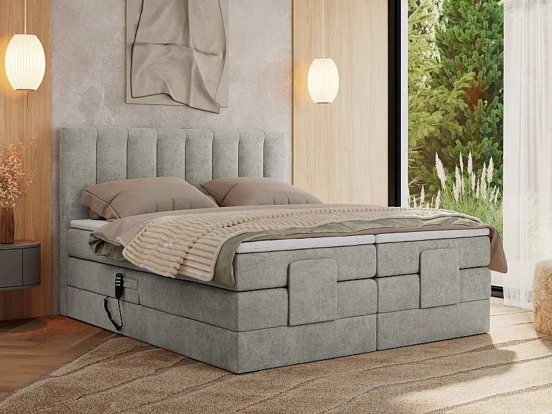 Boxspringbett COMFORTO - Doppelbett, Elektrisch verstellbare, Multipocket-Matratzen und Topper, genähtes Kopfteil - 160x200 cm - H4 - Hellgrau Strukture