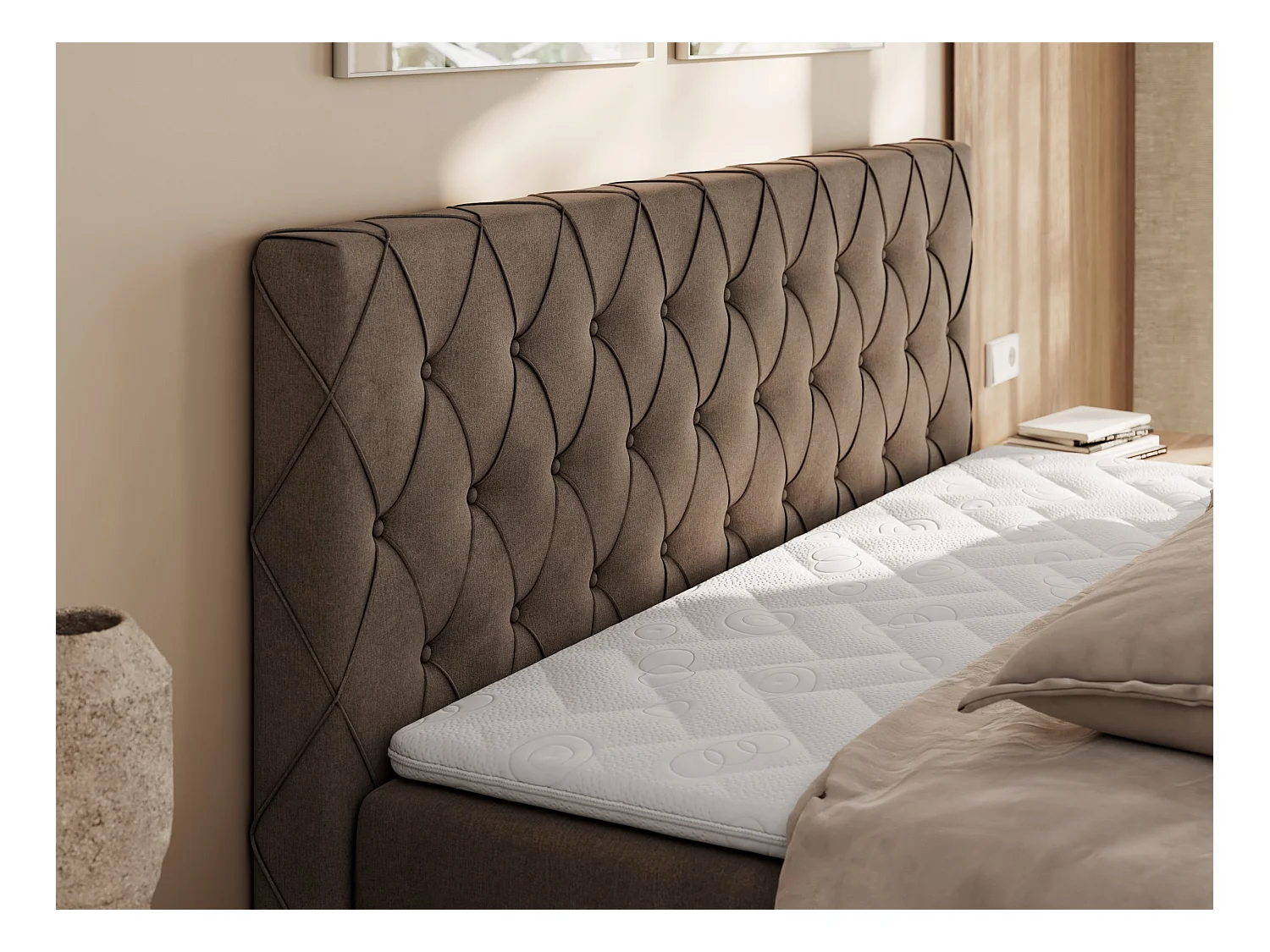Boxspringbett MIREN DUO - mit gestepptem Kopfteil und Front, Multipocket-Matratze, zwei Bettkästen - 160x200 cm - H4 - Braun Velvet