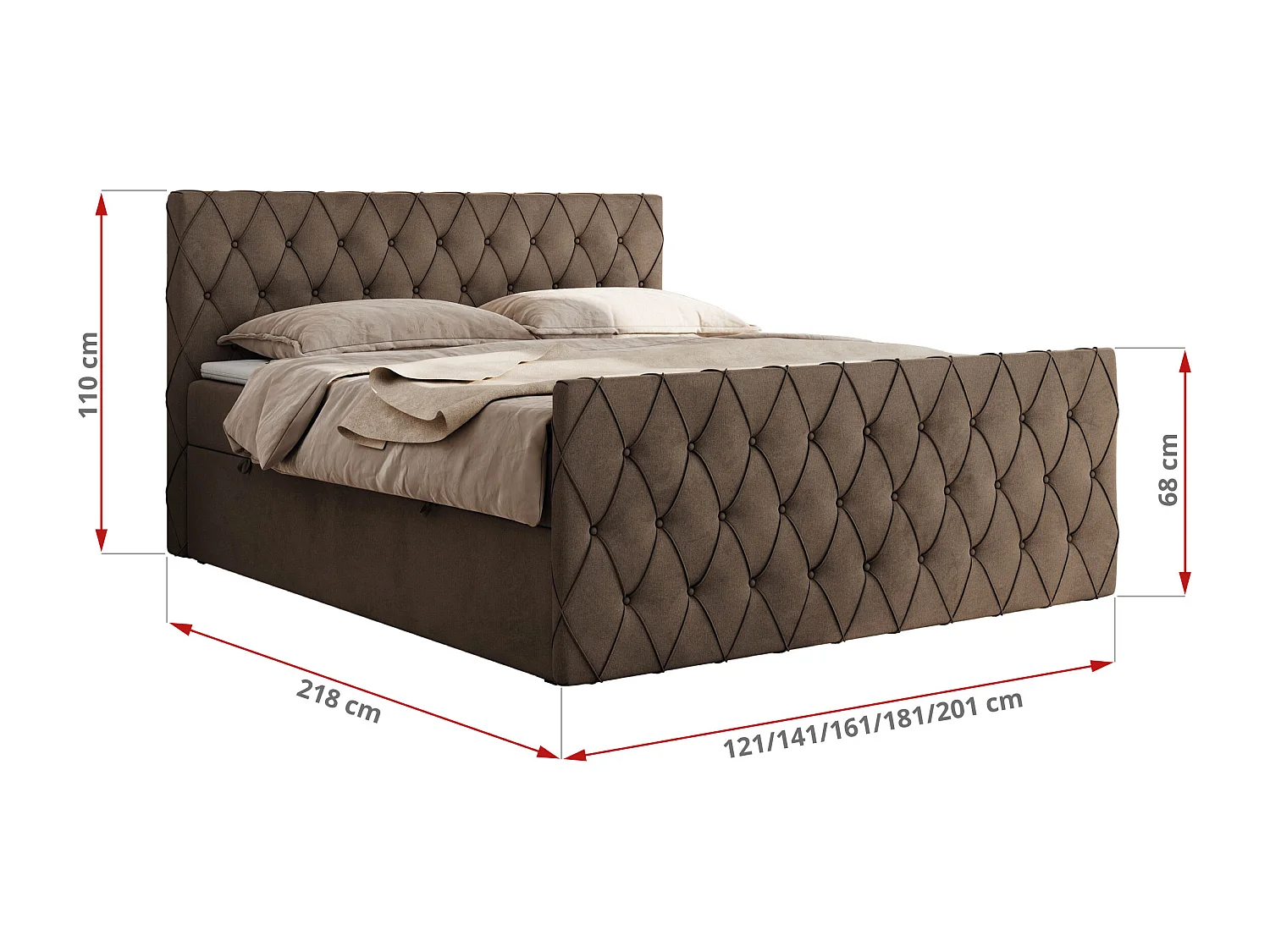 Boxspringbett MIREN DUO - mit gestepptem Kopfteil und Front, Multipocket-Matratze, zwei Bettkästen - 160x200 cm - H4 - Braun Velvet