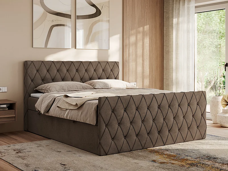 Boxspringbett MIREN DUO - mit gestepptem Kopfteil und Front, Multipocket-Matratze, zwei Bettkästen - 160x200 cm - H4 - Braun Velvet