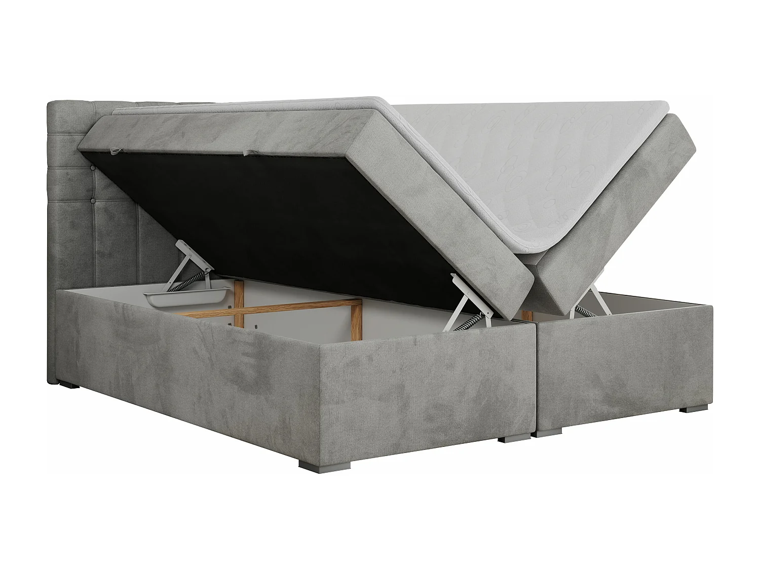 Boxspringbett SUSAN - mit gestepptem Kopfteil, zwei Bettkästen und Topper, gepolstertes Schlafzimmerbett - 140x200 cm - H3 - Hellgrau Velvet