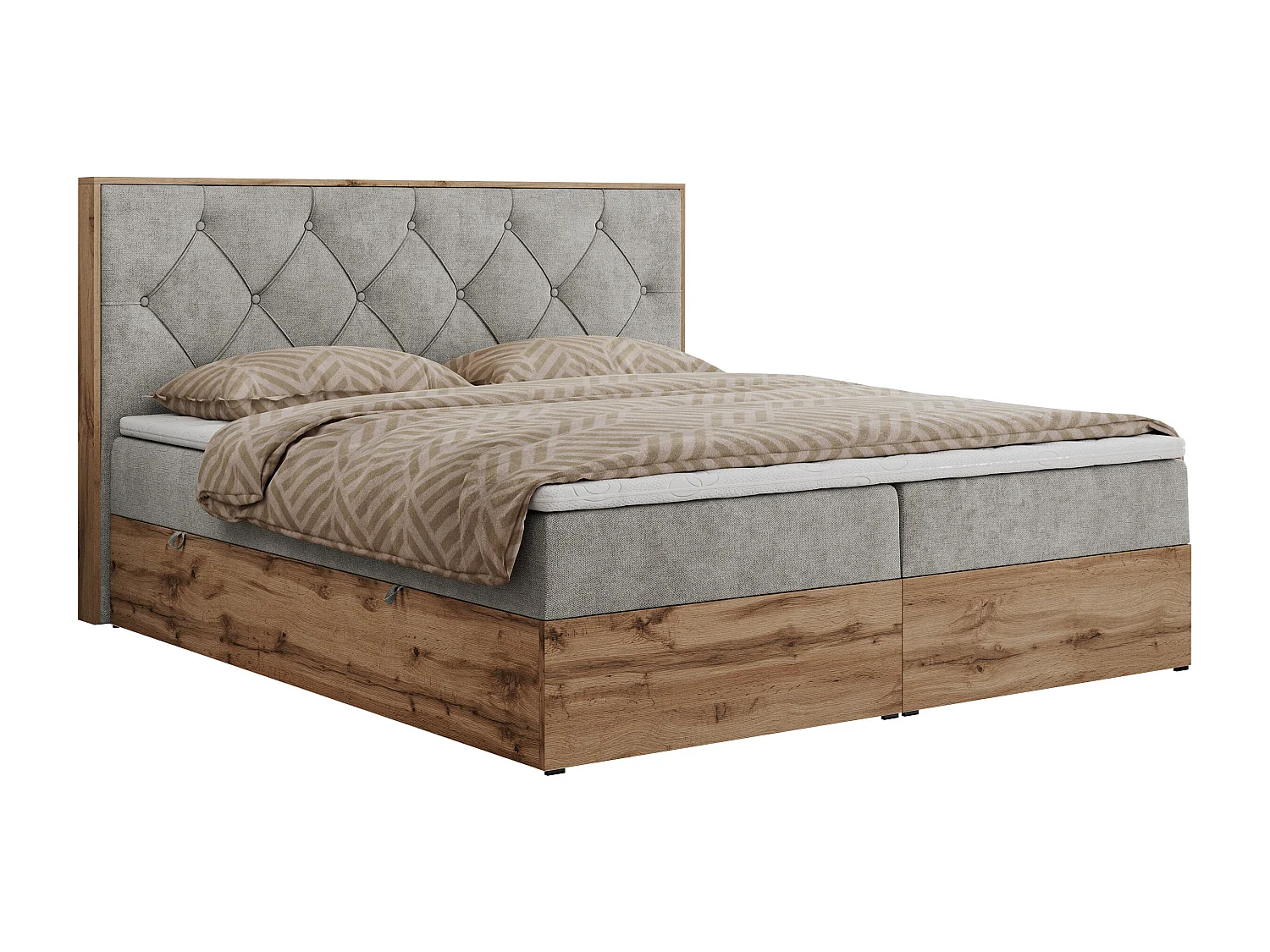 Boxspringbett VENETO - gestepptem Kopfteil, Set mit Multipocket-Matratze und Topper, Holzrahmen, zwei Bettkästen - 200x200 cm - H3 - Hellgrau Strukture