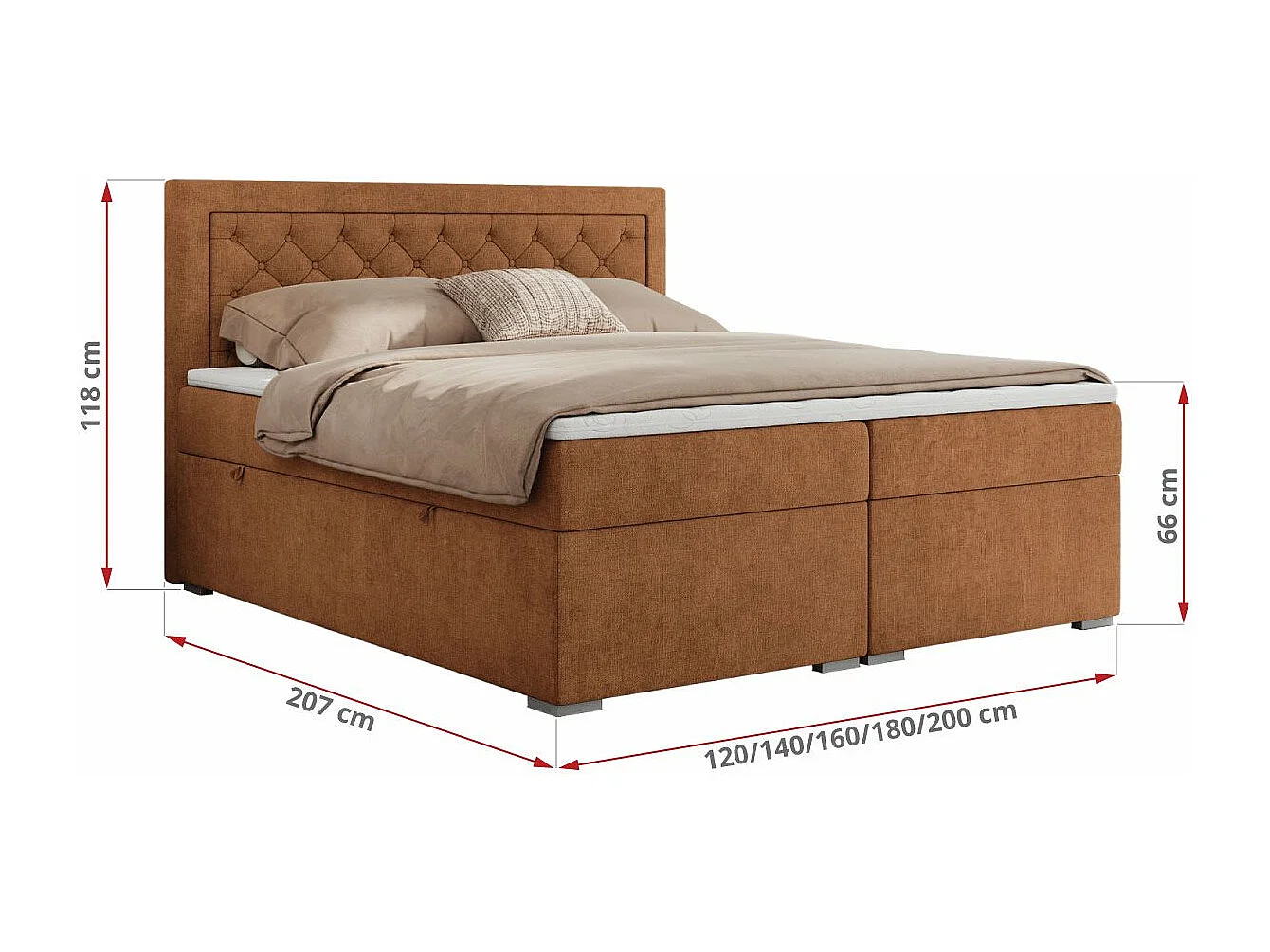 Boxspringbett JASIR - mit gestepptem Kopfteil, Doppelbett für Schlafzimmer, Multipocket-Matratze, Stauraum - 180x200 cm - H3 - Orange Strukture