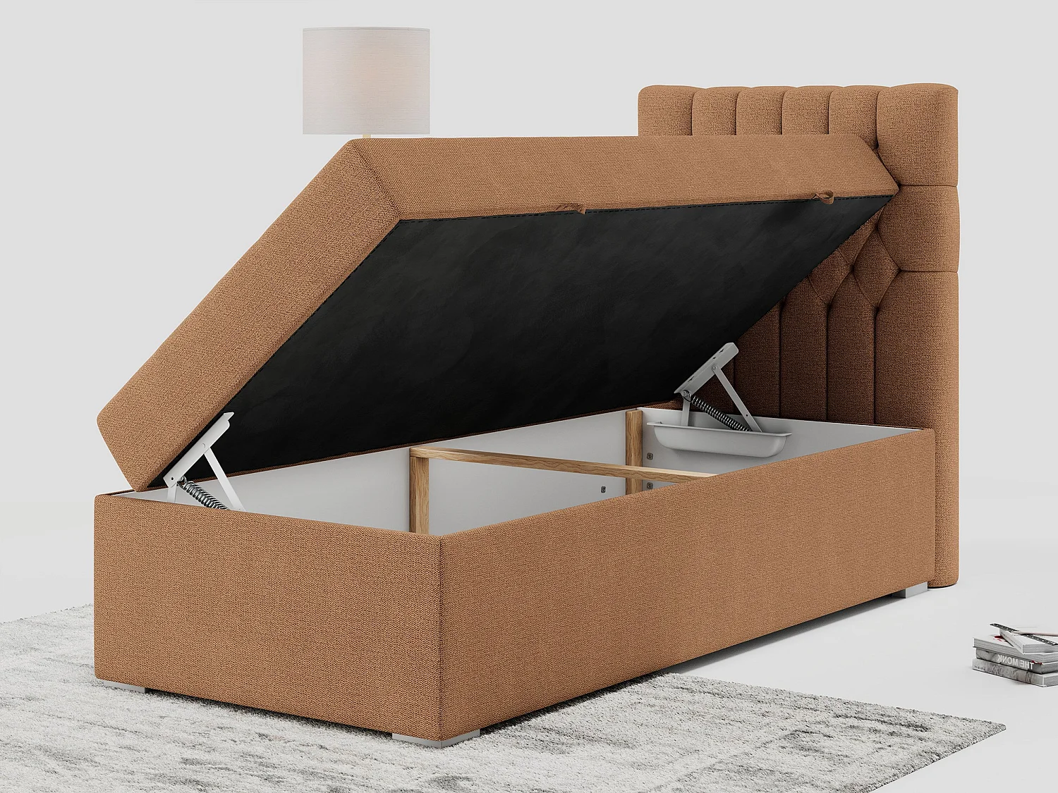 Boxspringbett PERA - Einzelbett mit Kopfstütze, Polsterbett, Multipocket-Matratze, genähtes Kopfteil - 90x200 cm - H4 - Orange Strukture - Rechts Seite
